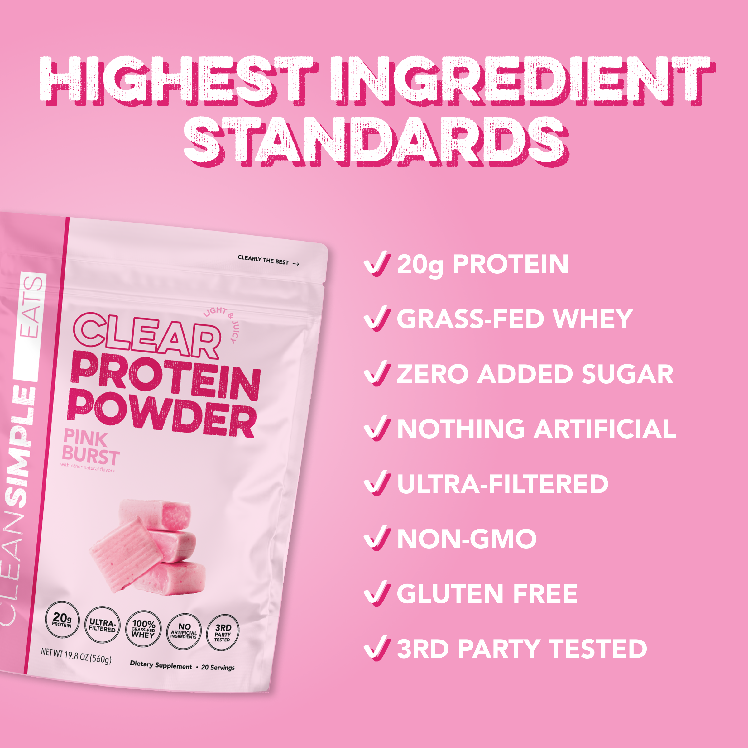 Clean Simple Eats Clear Protein Powder: Pink Burst (20 Serving) - Image 3